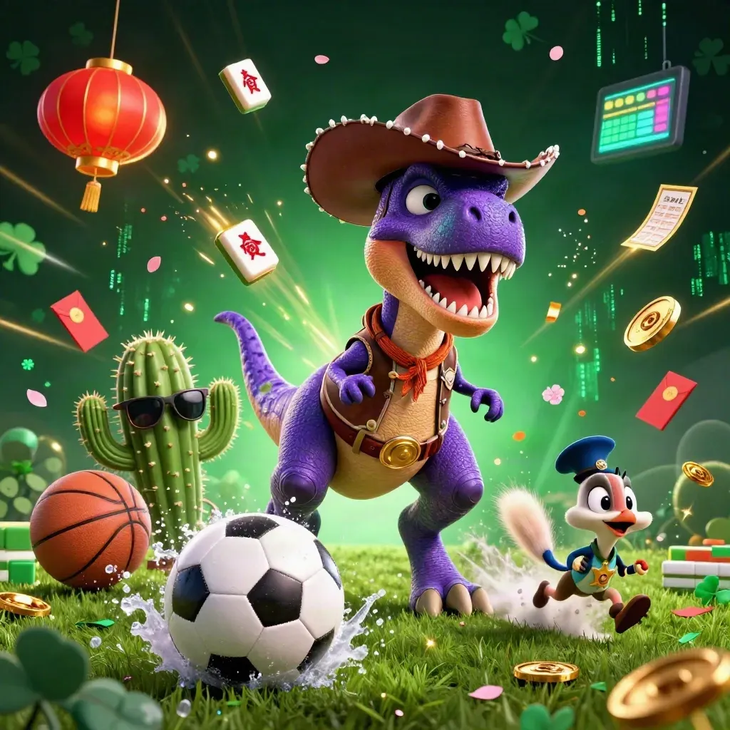 Cowboy T-Rex, cactus, and roadrunner explode around a soccer ball in neon casino light.