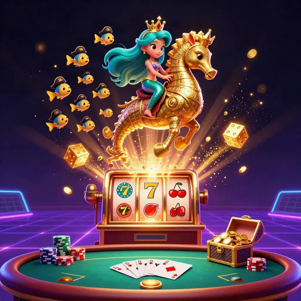 Mermaid princess rides an armored seahorse through a gold slot burst in a dark casino sky.