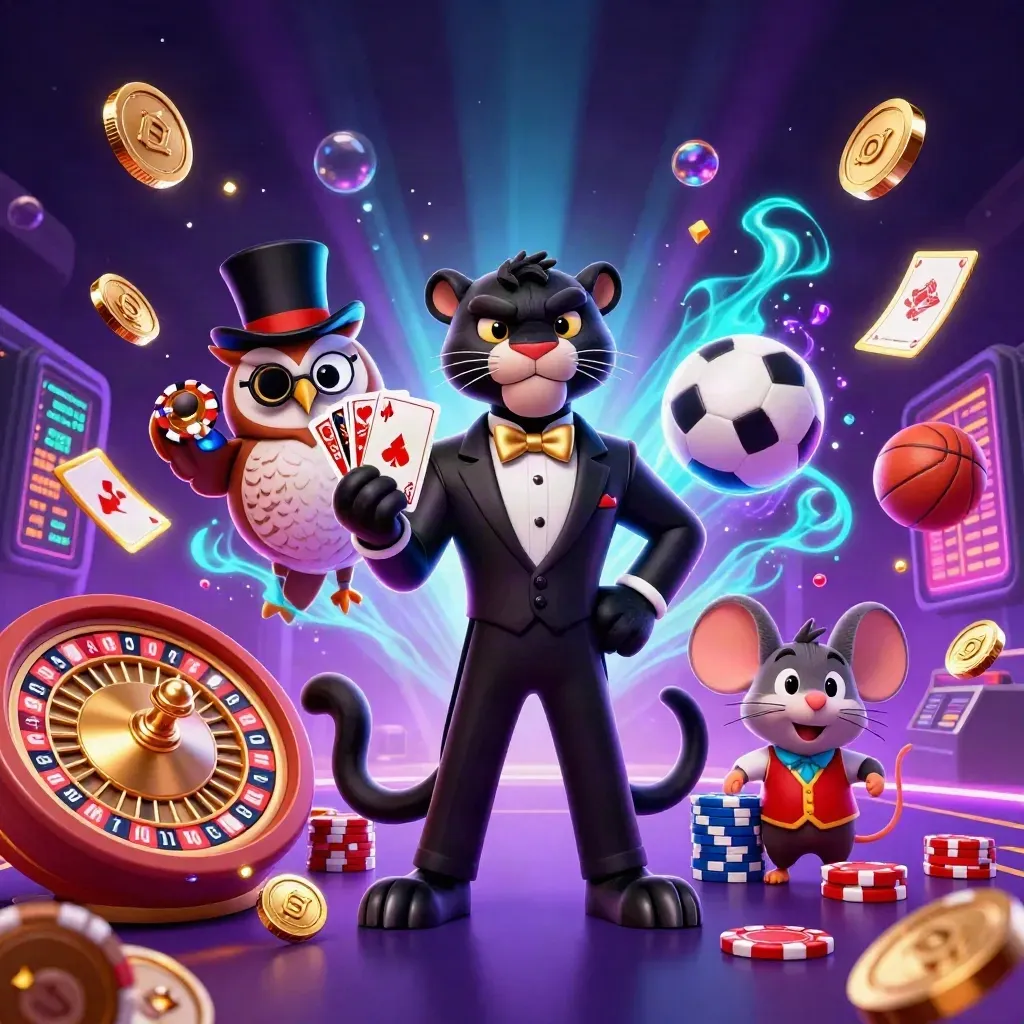 Low-angle neon casino panther, owl and mouse amid chips, cards, balls and glowing lights.