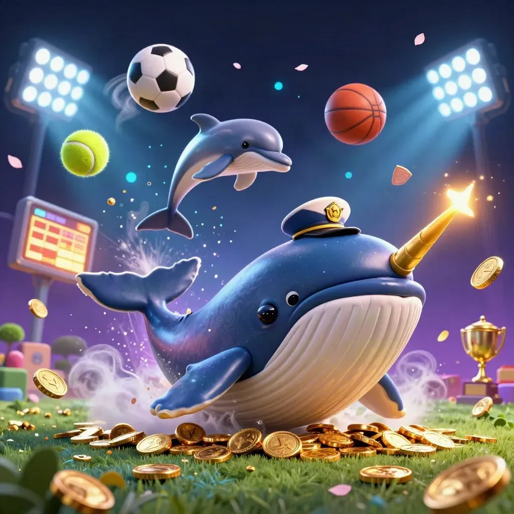Whale captain, narwhal, and dolphins explode through coins with flying sports balls and neon casino lights.