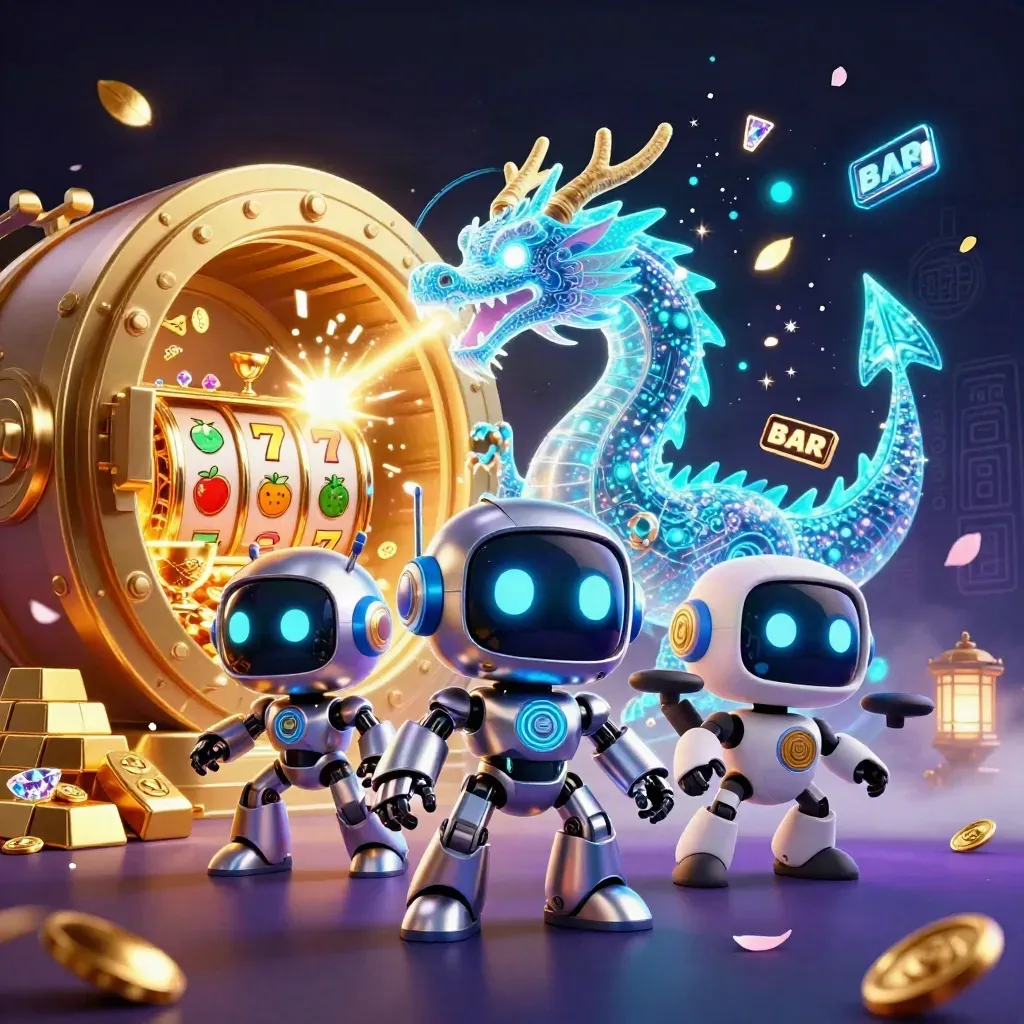 Cyberpunk robot, AI dragon, and coin drone burst from a gold vault amid neon casino treasure.