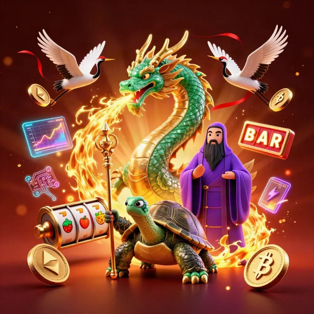 Emerald dragon, turtle sage, and cranes amid casino fire, coins, reels, and neon energy