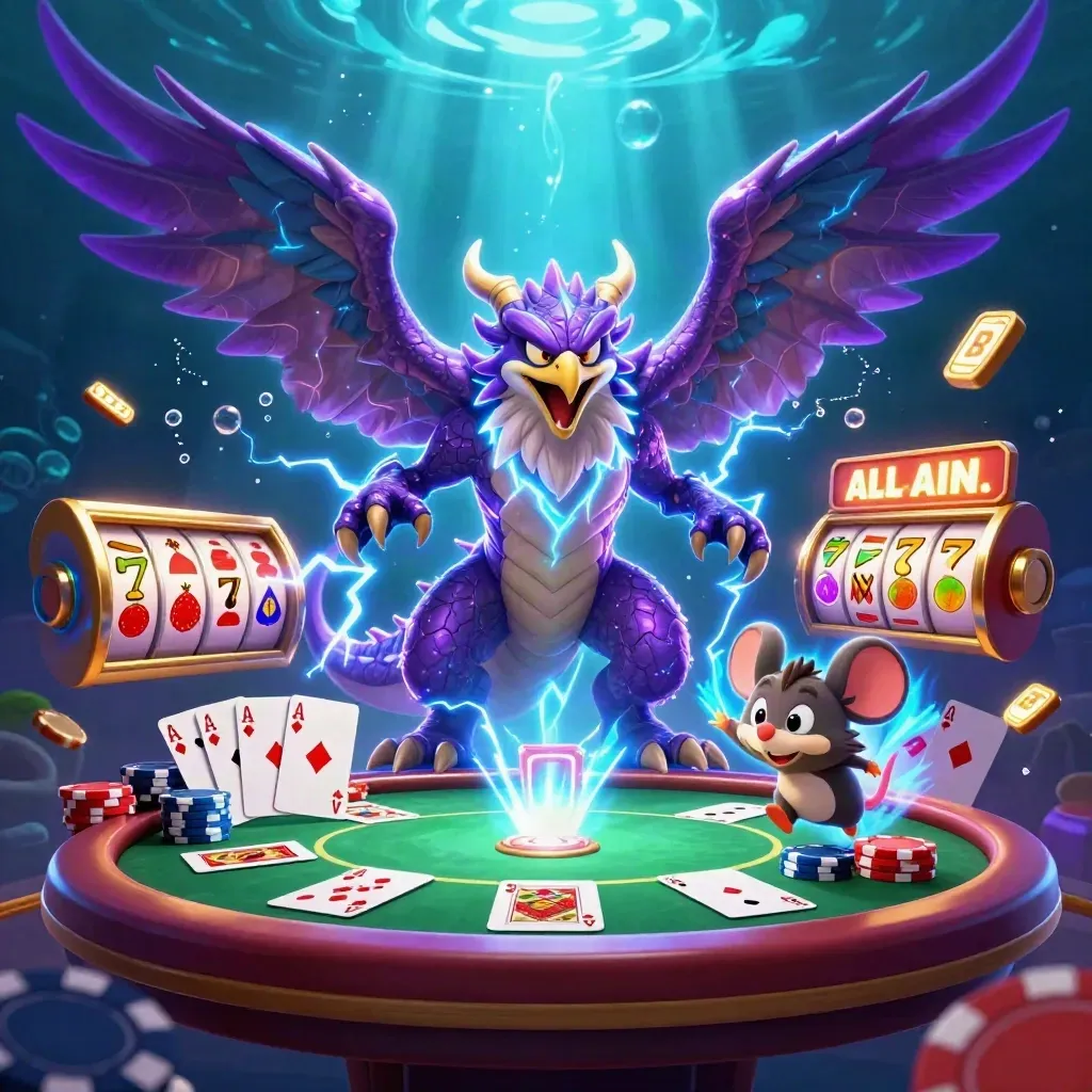 Thunder dragon, wind hawk, and static mouse over poker chips in a neon underwater casino scene.