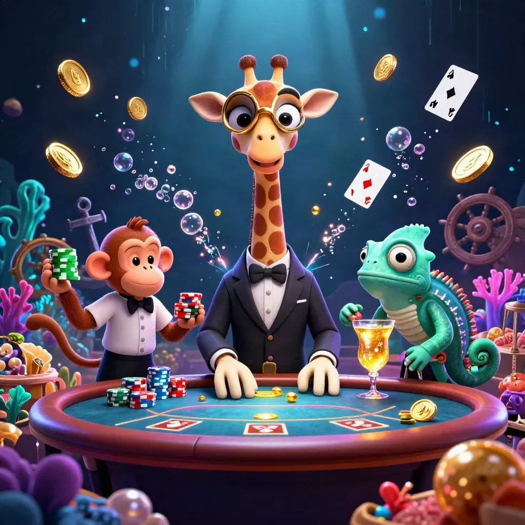 Giraffe, monkey valet and chameleon bartender amid a gold-coin underwater casino raid