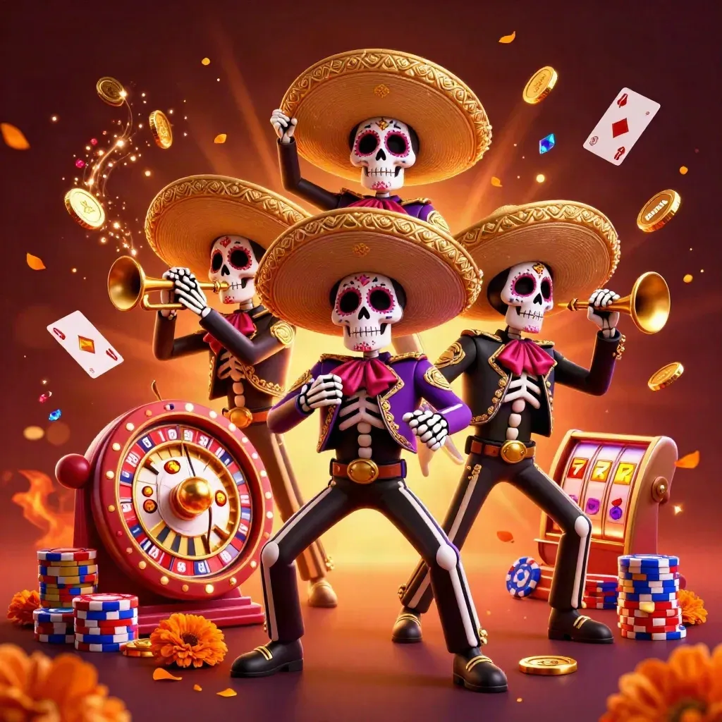 Skeleton mariachi trio amid coins, chips, cards, and neon casino glow.