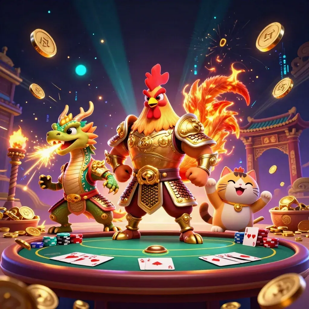 Rooster warrior, dragon hatchling and fortune-cat amid gold coins, poker chips, neon casino sparks.