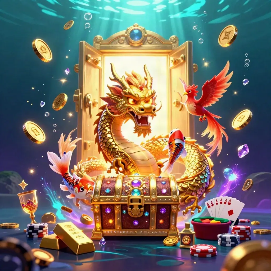 Golden dragon, phoenix, koi, vault burst, coins, poker chips, neon casino glow