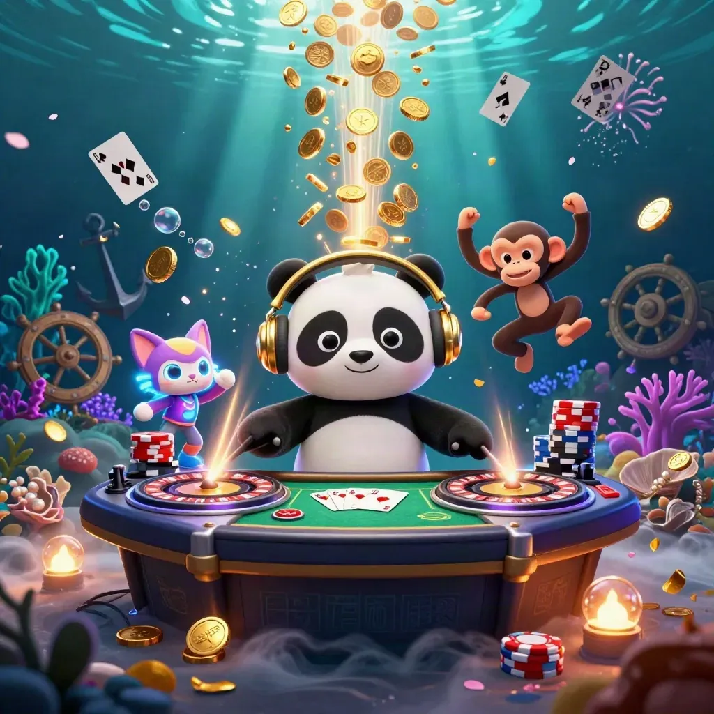 DJ panda, breakdancing monkey, and glow-stick kitten amid underwater casino treasure and coin rain.