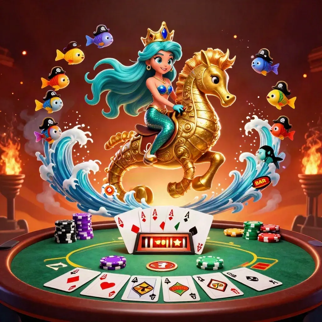 Mermaid princess on armored seahorse amid poker chips, cards, reels, and ember-lit casino glow.