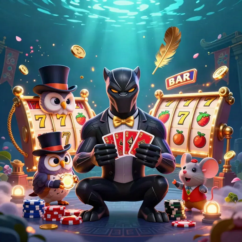 Panther, owl, and mouse play cards amid coins, reels, and neon casino magic.