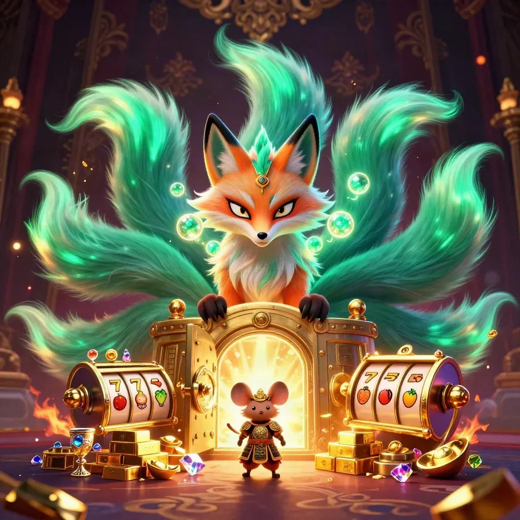 Nine-tailed fox spirit with a samurai mouse by a glowing vault door and casino treasure burst.