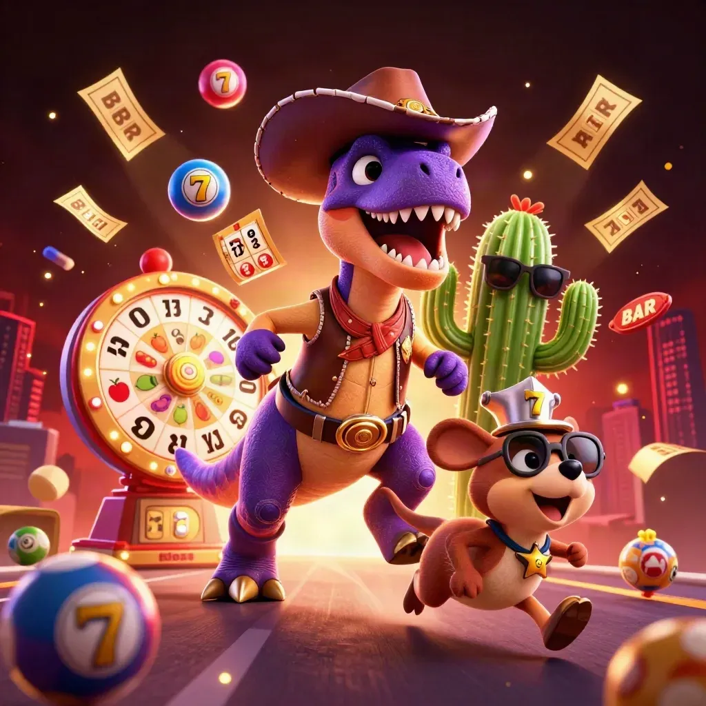 Cowboy T-Rex, cactus sidekick, and sheriff roadrunner amid casino reels and golden sparks.