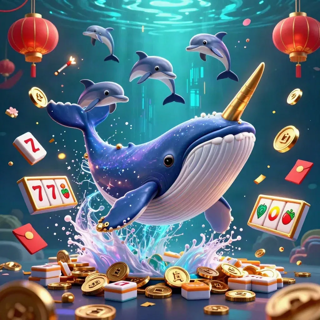 Whale captain, narwhal, and dolphins in a neon casino coin storm with slots and lanterns.